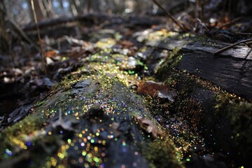 Fototapeta premium A dense forest floor where a fallen log is covered in mold, releasing spores that shimmer like glitter in the sunlight.