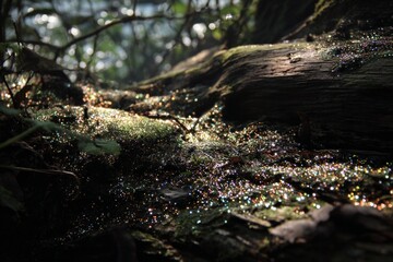 Fototapeta premium A dense forest floor where a fallen log is covered in mold, releasing spores that shimmer like glitter in the sunlight.