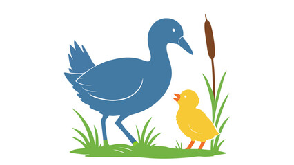 Fototapeta premium A mother duck and her little yellow duckling in a green meadow
