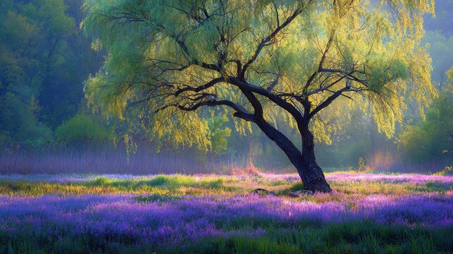 A single weeping willow tree with cascading branches over a vibrant field of purple flowers at sunrise.