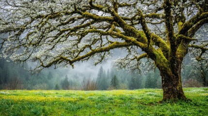Gnarled moss-covered ancient apple tree standing sentinel in a misty forest landscape
