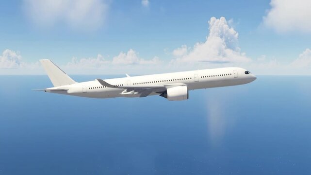 Side Profile of White Airbus A350 Flying Through Soft Clouds in Clear Sky, Minimalist Commercial Aviation Background, Modern Passenger Plane Traveling for Global Business and Tourism