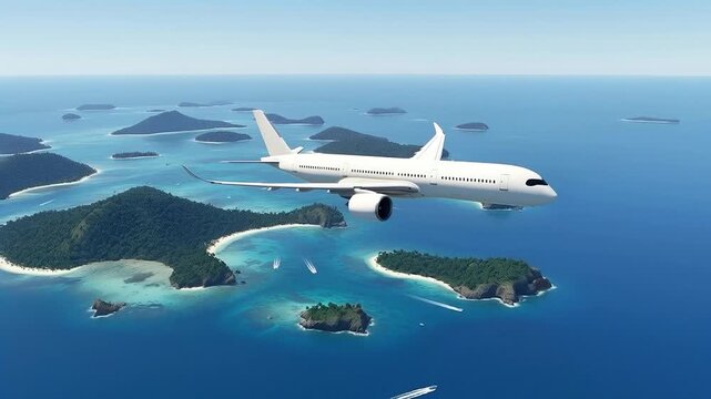 White Airbus A350 Commercial Aircraft Cruising Over Scenic Tropical Coastline and Ocean, Travel and Tourism Concept, Modern Aerospace Technology, Widebody Jetliner in Sunny Day