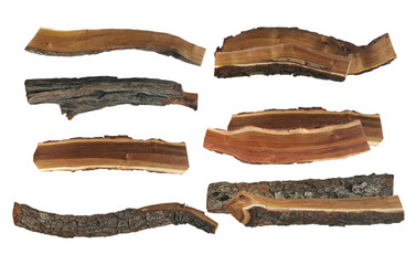 group of eight natural wood fragments with bark, exhibiting varied textures and grain patterns, set...