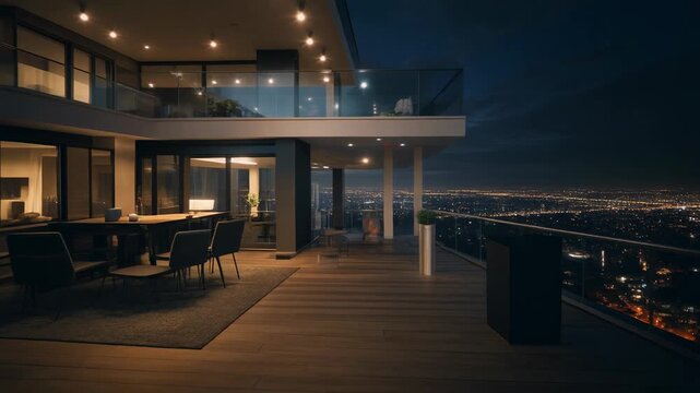 Luxury modern house with spacious deck at night overlooking cityscape.