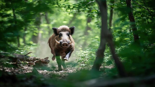 ferocity. A wild boar charging through dense forest undergrowth, its tusks scraping against tree bark in dappled sunlight. wildlife magazines.