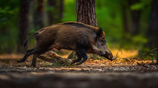 ferocity. A wild boar charging through dense forest undergrowth, its tusks scraping against tree bark in dappled sunlight. wildlife magazines.