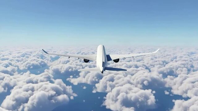 Back View of White Airbus A350 Commercial Airplane Soaring Over High Altitude White Clouds, Modern Jet Airliner in Flight Under Blue Sky, Aviation Transportation and Global Connectivity Concept