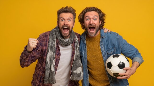 Young two friends men sport fans wearing casual clothes foam 1 fan glove finger up cheer up support football team hold soccer ball watch tv live stream do winner gesture isolated on yellow background