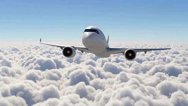 Front View Of White Airbus A350 Passenger Jet Flying Through Clouds, Modern Commercial Airplane In Flight Perspective, Wide-body Aircraft Aerospace Technology, Luxury Travel Aviation Background