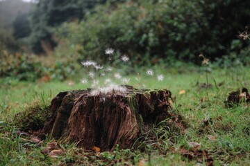 Obraz premium A rotting tree stump in a meadow, with spores puffing out like a tiny geyser.
