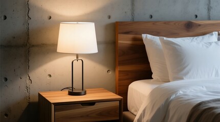 Cozy modern bedroom corner with wooden bedside table lamp and white linens
