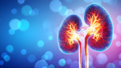 Human kidneys anatomy with glowing blood vessels