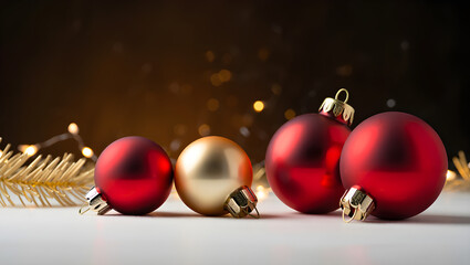 Vibrant Christmas ornaments with golden lights on festive background