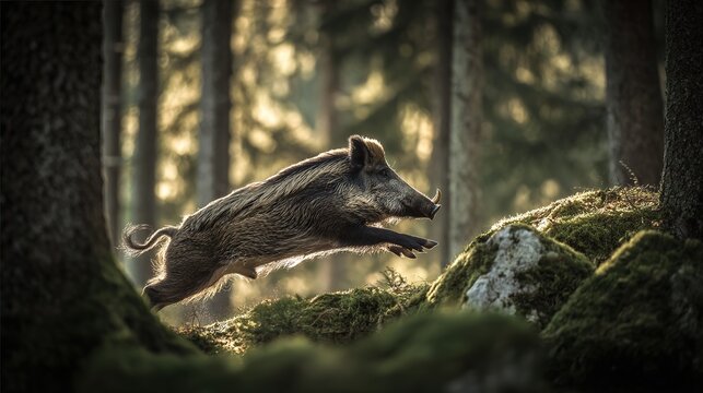 ferocity. A wild boar charging through dense forest undergrowth, its tusks scraping against tree bark in dappled sunlight. wildlife magazines.