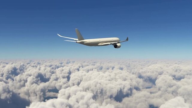 Rear Perspective of White Airbus A350 Passenger Airplane Soaring Through Clouds, Modern Commercial Aviation Jet Engine and Wing Detail, Air Travel Industry, Flight Path in Clear Blue Sky Background