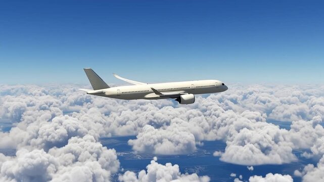 Side View of Airbus A350 Commercial Airplane Flying Towards Horizon Over Fluffy Clouds, White Passenger Jet Airliner in Flight, Global Travel and Aviation Industry Concept with Blue Sky