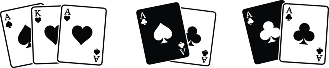 Playing card icons featuring aces and suits in black and white, perfect for casino graphics, gambling designs, and poker illustrations