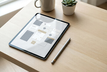 Digital Tablet Displaying Workflow Chart on Wooden Desk