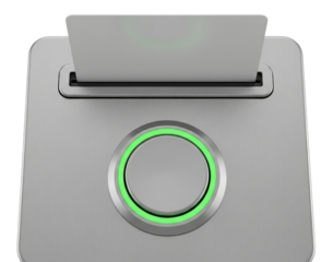 Modern metal card reader device with white key card inserted on a transparent background