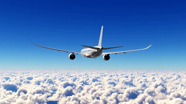 Back Three Quarter View of Airbus A350 White Jetliner Flying Over Thick White Clouds, Concept of Global Connectivity, Long Haul Flights, and Modern Commercial Aerospace Transportation Background