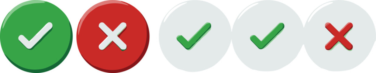 Obraz premium Checkmark and cross button icons for approvals, rejections, confirmations, alerts, UI design, forms, notifications, and web interfaces