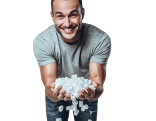 Smiling man in grey t shirt, holding white packing peanuts, dropping some from hands, conveying joy, protection,, isolated on transparent background