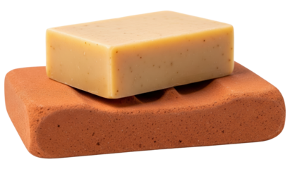 Natural beige bar soap resting on porous terracotta soap dish on a transparent background