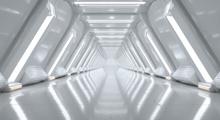 Futuristic, bright, corridor with geometric design and symmetrical perspective leading to the end