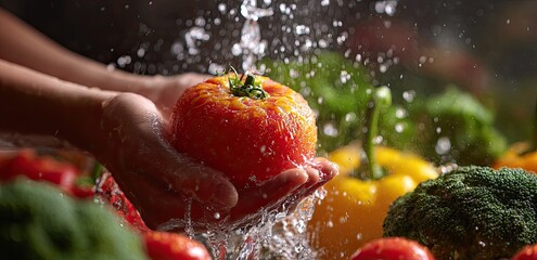 Close-up of hands washing a red tomato, water splashing, other fresh vegetables in background