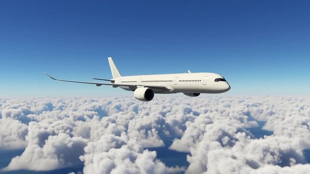 White Widebody Airbus A350 Flying Over Massive Cloud Formation Wide Angle Landscape View of International Flight Journey for Transportation Concept Logistics Delivery and Holiday Adventure Background