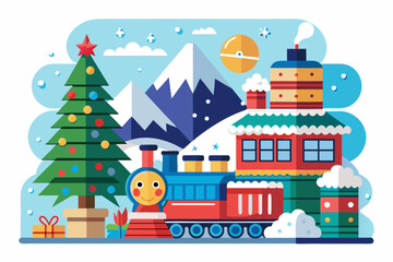 Winter Mountain Landscape with Christmas Tree and Holiday Train Illustration