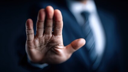 Close-up view of a person in a suit, extending their hand forward, palm facing the viewer
