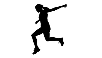 Silhouette of a woman in athletic wear mid-jump with one arm extended for balance. Dynamic movement captured