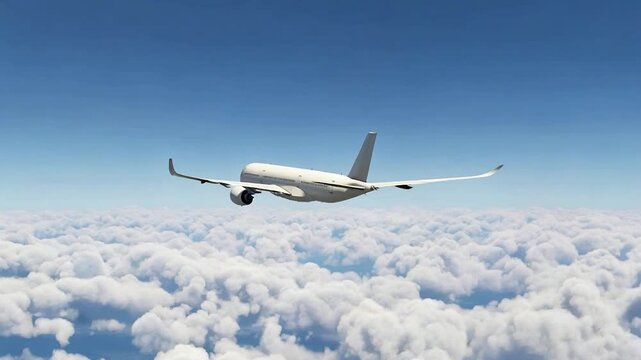 White Airbus A350 Passenger Jet Airplane Flying High Above Fluffy Clouds Rear View Perspective Commercial Aircraft for International Travel Destination and Global Aviation Logistics Transport Industry