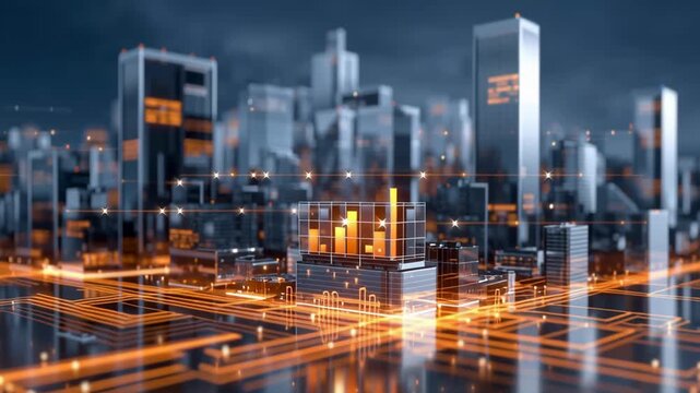 AI driven economy futuristic city skyline with glowing digital data technology visualization