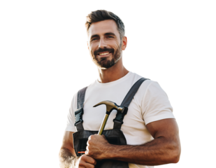 Smiling handsome bearded man in white t shirt and grey overalls, confidently holding a golden hammer, looking at, isolated on transparent background