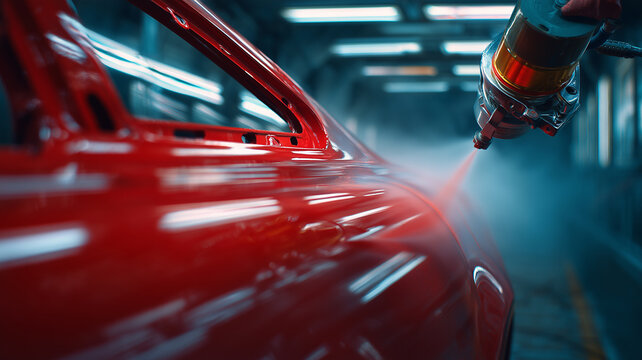 Repainting a car body with a close up view of the paint sprayer on the car body.