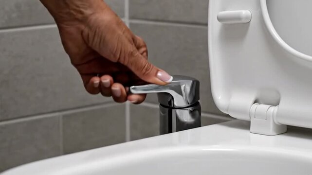 A persons hand flushing a toilet with a silver handle in a bathroom