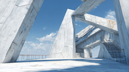A stunning modern architectural design, featuring a concrete structure against a bright sky, emphasizing geometric forms and spaciousness