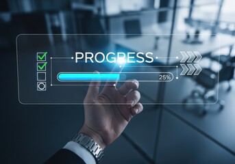 Hand touching holographic screen displaying digital progress bar 25 percent