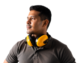 Man with dark hair, mustache, gray polo shirt, looking right, yellow ear protection headphones on neck,, isolated on transparent background