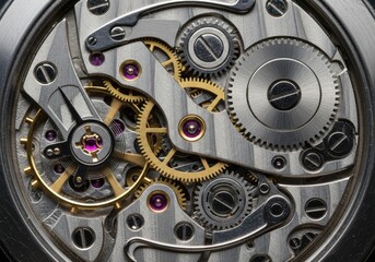 Close up view of intricate gears and cogs inside a watch mechanism