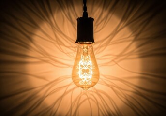 Classic filament light bulb with glowing light in dark room