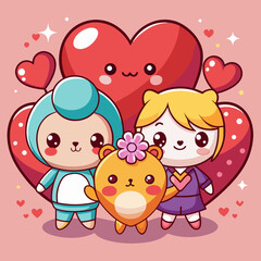 Naklejka premium Cute Kawaii Cartoon Characters with Happy Hearts in Whimsical Fantasy Style