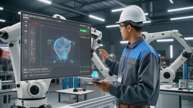 Engineer in hard hat analyzing 3D model on computer screen in industrial setting.