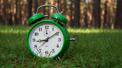 Green alarm clock on grass