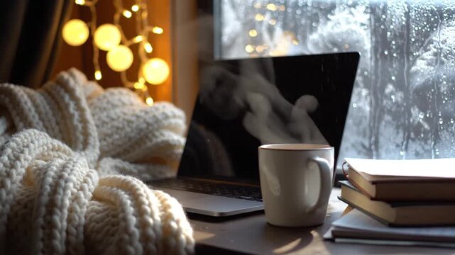 Cozy winter scene with a steaming mug of coffee next to a laptop and books by a frosted window adorned with warm string lights