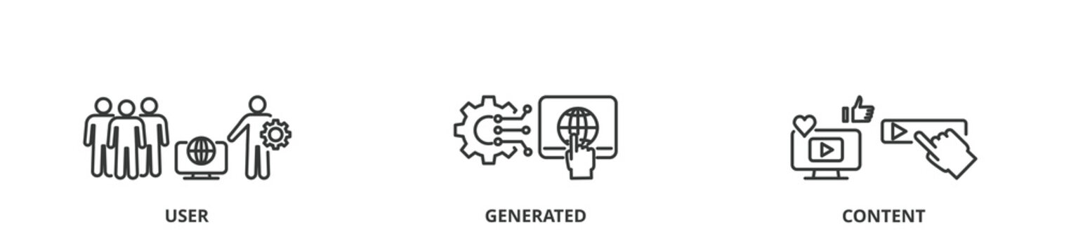 UGC banner vector illustration concept for user-generated content with icon of people, network, process, engine, click, internet, website, archive and browser