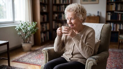 Happy Senior Woman Enjoying Hot Drink in Cozy Armchair at Home